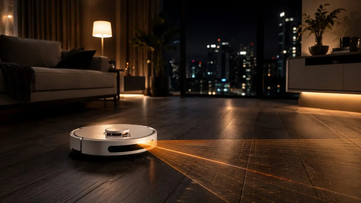 Robô aspirador com navegação a laser mapeando a sala à noite com luz âmbar